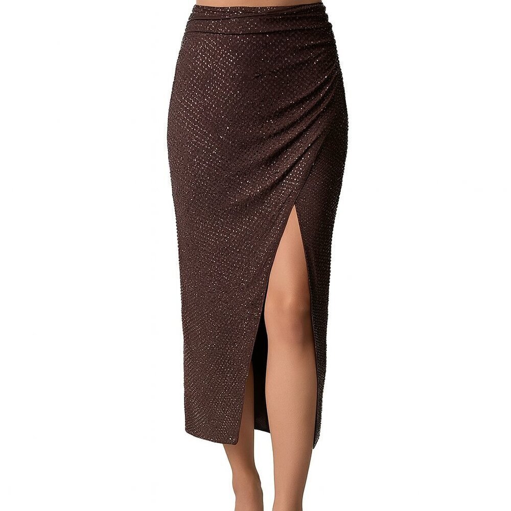 Self Portrait Rhinestone Ruched Slit Midi Skirt Brown Bodycon Cocktail 4